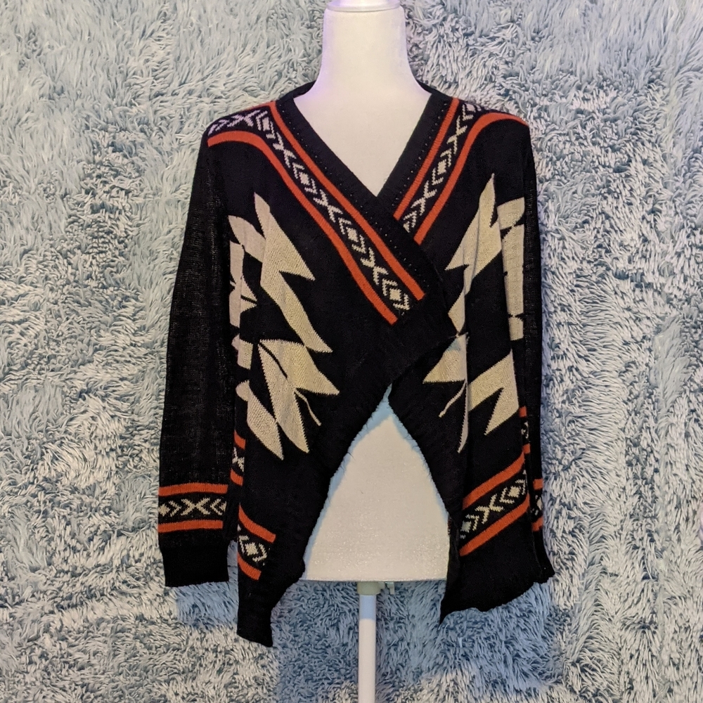 π 2/$30 Roly Poly β Women's Boho S / M Aztec Black Wrap Open Cardigan Sweater - Picture 2 of 8